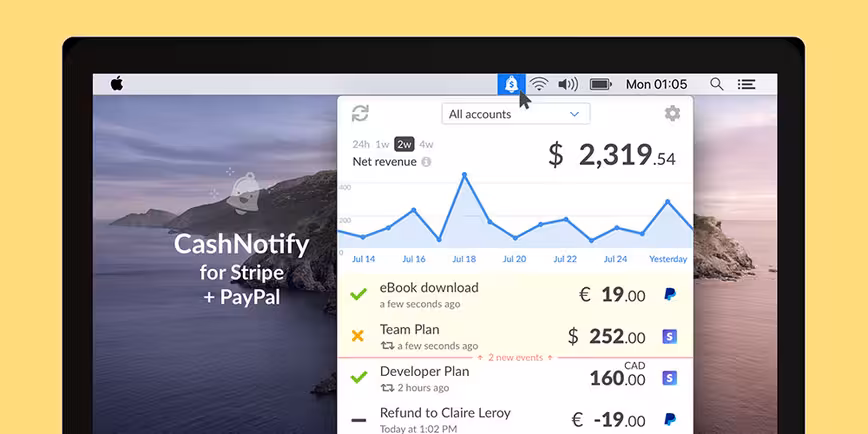 Entrepreneurs get immediate PayPal and Stripe payment notifications with CashNotify