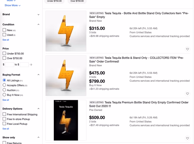 booze, tequila, tesla, ebay