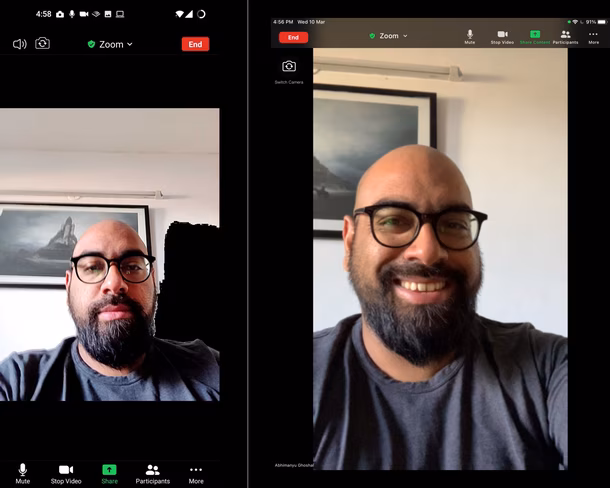 How I usually hold my phone in hand for video calls (left) vs How I can take calls on my iPad at a better angle (right)