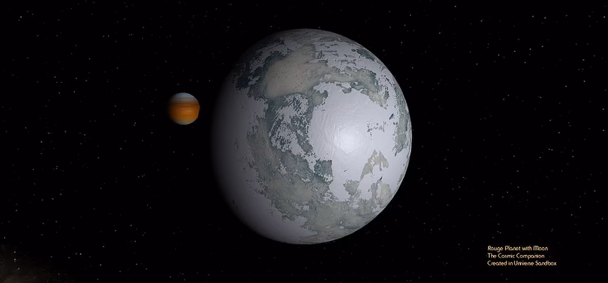 Even rouge planets, like those that might be found using the Roman Telescope, might be accompanied by moons, like this icy satellite pictured here, orbiting a planet larger than Neptune.