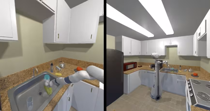 This virtual training suite trains a robotic arm to move objects in complex scenarios