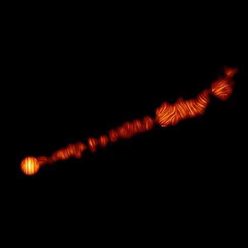 The jet surrounding the area within 5,000 light years of the black hole in M87, seen in radio wavelengths by astronomers at ALMA