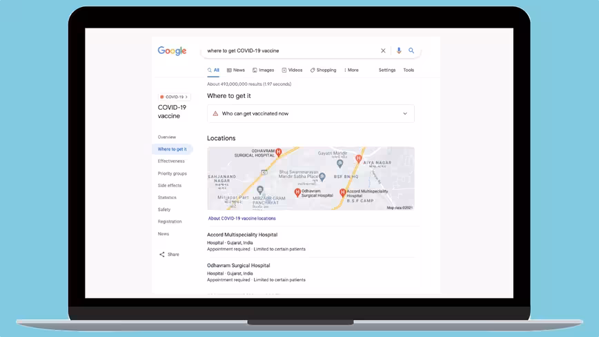 How to use Google search to find the nearest vaccination center in India
