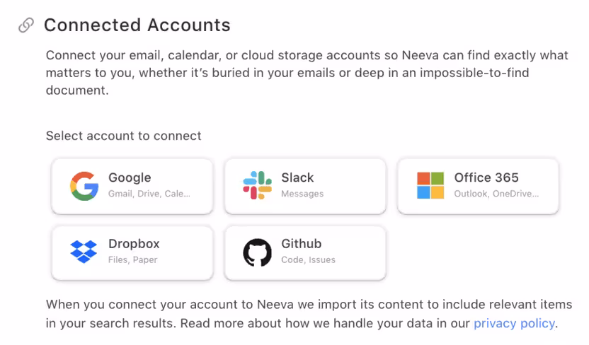 Connect your existing accounts to Neeva search engine