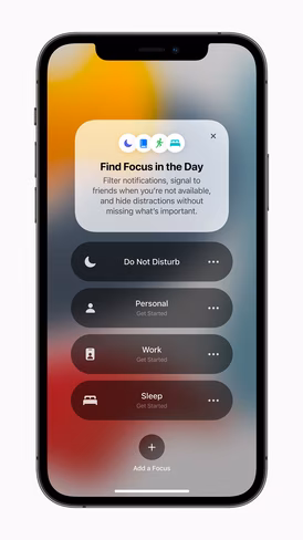 Apple iPhone running iOS 15 showing Focus, the future of Do Not Disturb