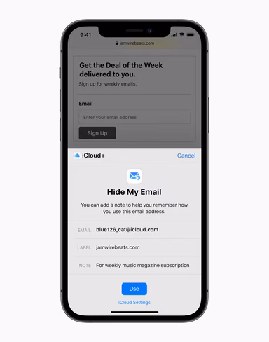 Hide My Email is shown, allowing you to create disposable email addresses for sites you don't trust