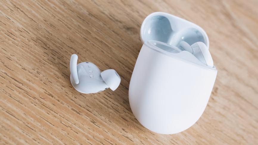 Pixel buds A-series with one earbud outside the case