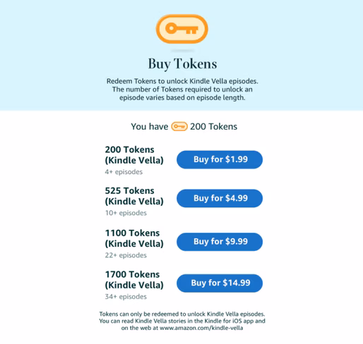 The Kindle Vella Library shows the tokens you need to buy an episode.