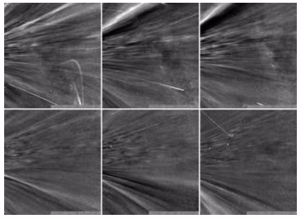 As the Parker Solar Probe passed through the corona on encounter nine, the spacecraft flew by structures called coronal streamers. These structures can be seen as bright features moving upward in the upper images and angled downward in the lower row. Such a view is only possible because the spacecraft flew above and below the streamers inside the corona. Until now, streamers have only been seen from afar. They are visible from Earth during total solar eclipses.