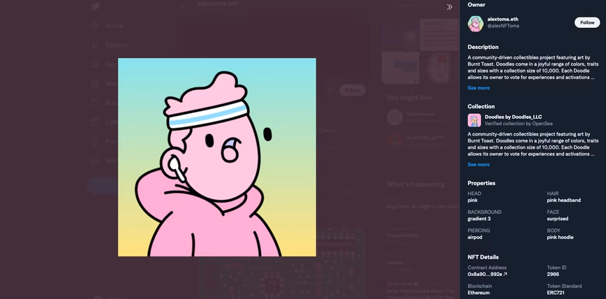 An example of details linked to an NFT-based profile picture. (Credit:alextoma.eth/Twitter)