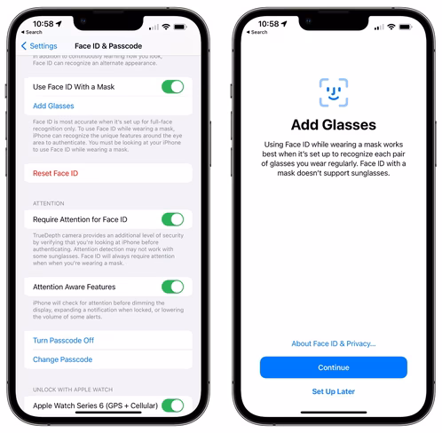 The settings screen of upcoming Face ID feature that'll work with masks in iOS 15.4