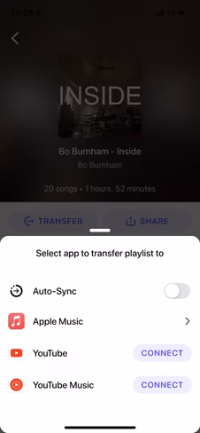 Transfer playlist screen on Houdini