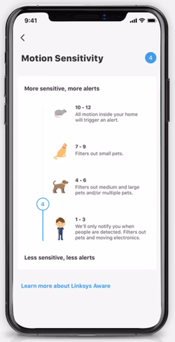 The screen of LinkSys' Aware app to set sensitivity of motion detection