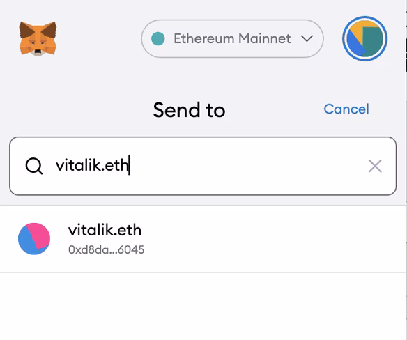 Wallets like Metamask allow you to type .eth domain names to send tokens to a wallet