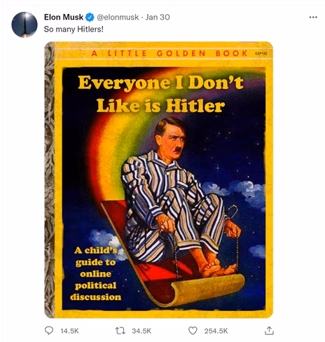 A screenshot of an Elon Musk tweet showing a Hitler meme