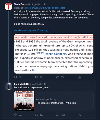 A screenshot of an Elon Musk tweet recommending a book