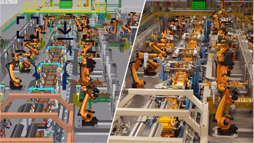 Siemens Process Simulate (left) connects to NVIDIA Omniverse (right) to enable a full-design-fidelity, photorealistic, real-time digital twin.