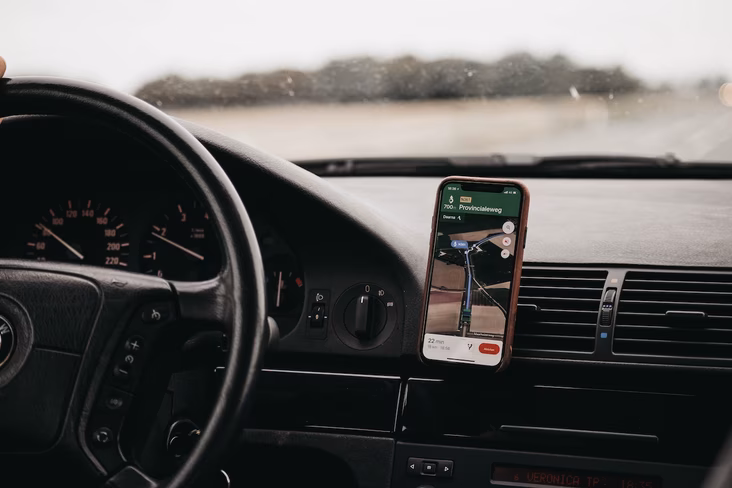 Driving in a car with phone navigation on