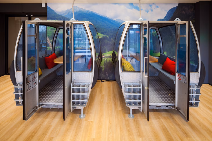 Ski lift work booths in the Miele X Community Space in Amsterdam, the Netherlands