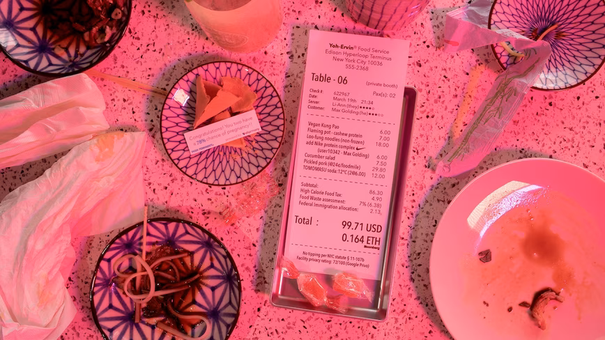 A dinner receipt showing the bill in USD and ETH
