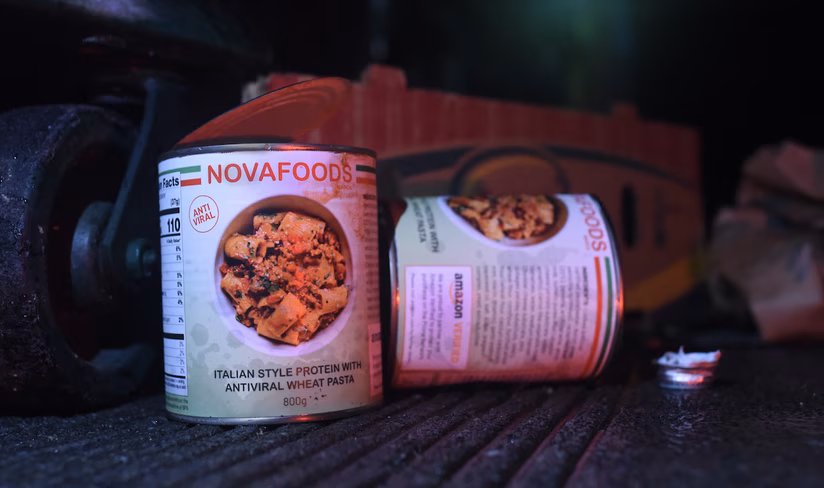 Two NOVAFOOD cans featuring Italian style protein with antiviral wheat pasta