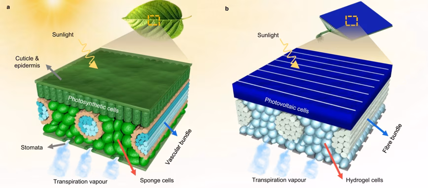 A diagram of a real lifes strucures side by side the artificial leaf design by researchers at Imperial College London 