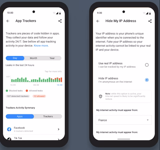 Four of the advanced privacy features depicted on Murena 2's screen: monitor app trackers, hide your IP address, fake your location, and check your privacy status at a glance