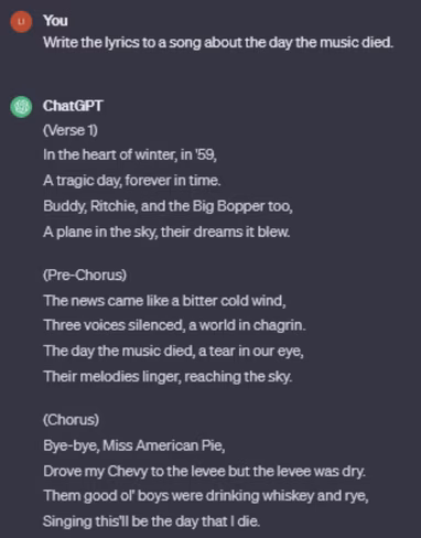A screenshot of OpenAI regurgitating the lyrics to American Pie.