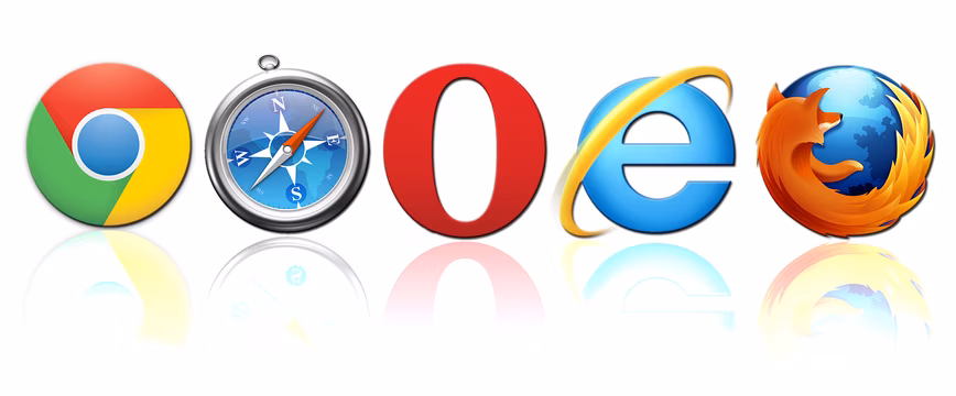 Logos for the brwosers Chrome, Safari, Opera, Internet Explorer, and Firefox