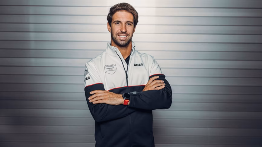 Black and white photo of Formula E driver António Félix da Costa, who's spearheading the development of electric vehicles (EVs)