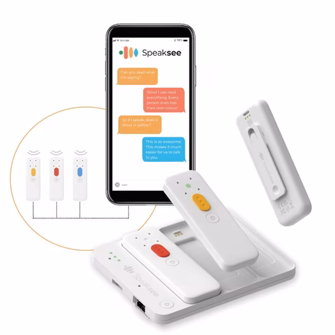 an image of the Speaksee mobile app and the microphone kit