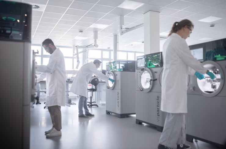 Team of scientist working at VSParticle's nanoprinter 