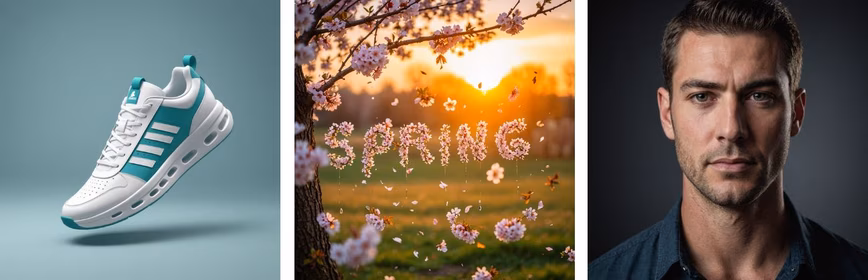 From left to right: a show, spring scene, and man's face generated by Stability AI's tools
