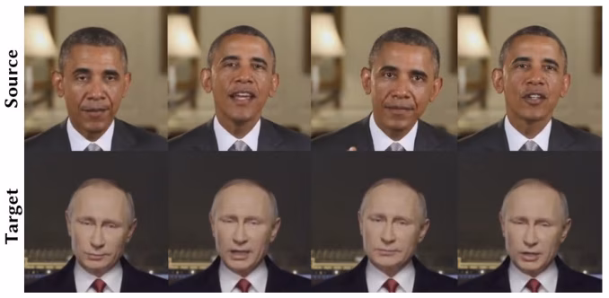 Screenshots of the Deep Video Portraits transferring Obama's face onto Putin's 