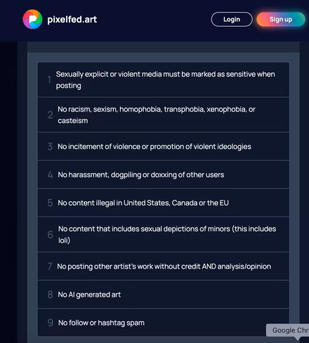 Pixelfed’s server rules upon sign up. Credit: Piexelfed