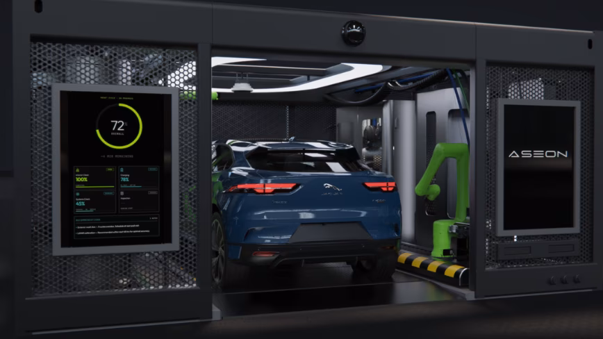 Aseon Labs raises ten million dollars to build parking-space-sized pods that charge and clean robotaxis