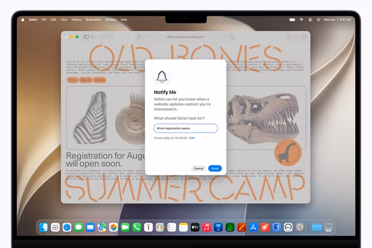 Apple's new Safari 'Notify Me' feature is set to let you know when Summer Camp registration opens. Source: Apple, WWDC Keynote 2026