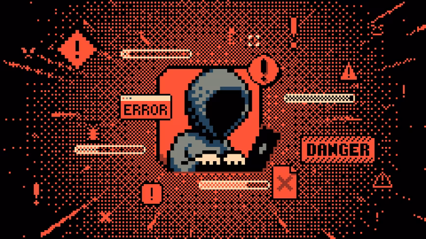 Cyber attack pixel art. Anonymous hacker with laptop, 8-bit error warning and virus danger alert signs on digital dithering texture. Data breach, system intrusion and cybercrime vector illustration