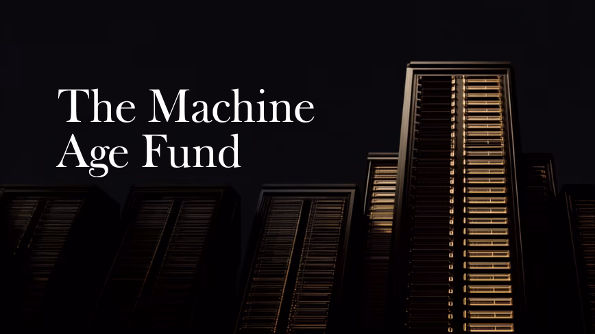 The Machine Age Fund over a dark image of illuminated server racks