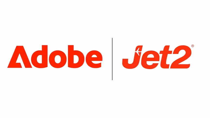Adobe and Jet2 logos in red on a white background, separated by a thin vertical line.