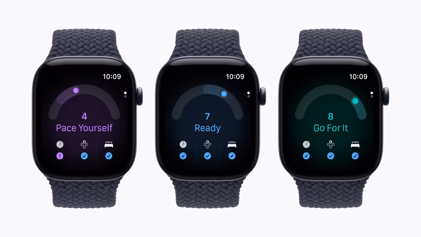 Three Apple Watch Series 12 units on braided navy bands showing readiness scores of 4 Pace Yourself, 7 Ready and 8 Go For It