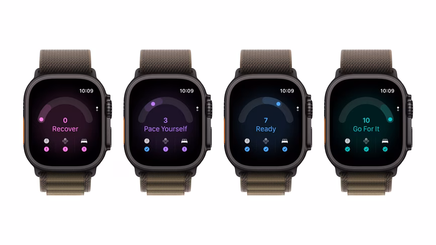 Four Apple Watch Ultra 4 units showing readiness scores of 0 Recover, 3 Pace Yourself, 7 Ready and 10 Go For It