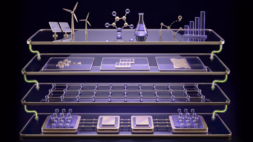 Four-tier illustration of a quantum computing stack, from science applications at the top to qubit hardware below.