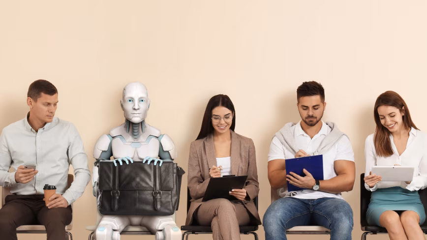 Photo of an AI robot next to people sitting on a chair