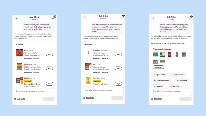 Instacart заявляет, что собранные с помощью ИИ корзины превышают ее средний чек в $115. Shipt запустила аналогичную функцию, назвав ее избавлением от умственной нагрузки.