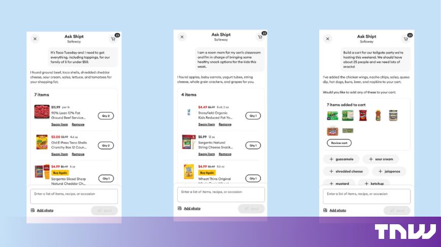 Instacart заявляет, что собранные с помощью ИИ корзины превышают ее средний чек в $115. Shipt запустила аналогичную функцию, назвав ее избавлением от умственной нагрузки.