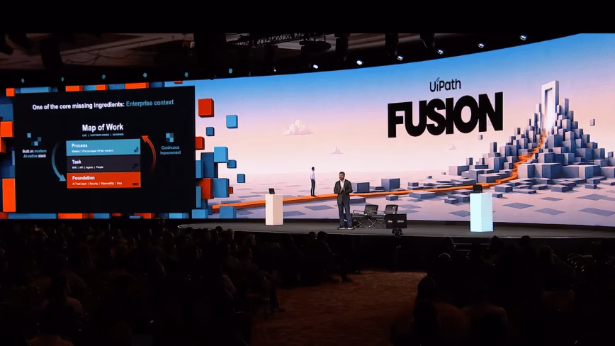 Wide view of the UiPath FUSION main stage, with a speaker in front of a curved screen and a Map of Work slide on the left, above a seated audience.