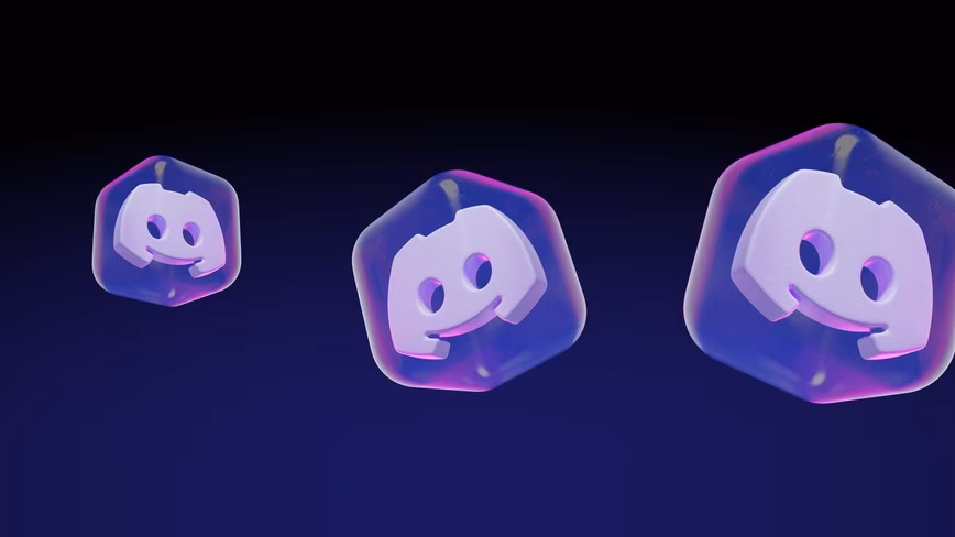Three glossy 3D renders of the Discord logo, floating at different sizes on a dark purple background.
