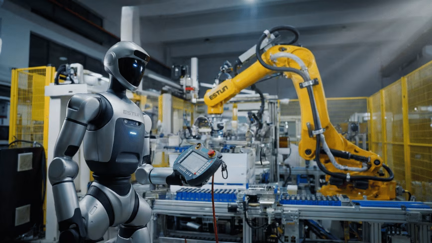 A silver humanoid robot holds a robot control pendant beside a yellow Estun industrial robot arm on a factory production line
