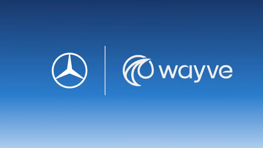The Mercedes-Benz star beside the Wayve logo on a blue gradient background.